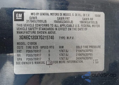 2007 Chevrolet Avalanche 1500 Lt z USA, uszkodzony, nr VIN 3GNEC120X7G215740